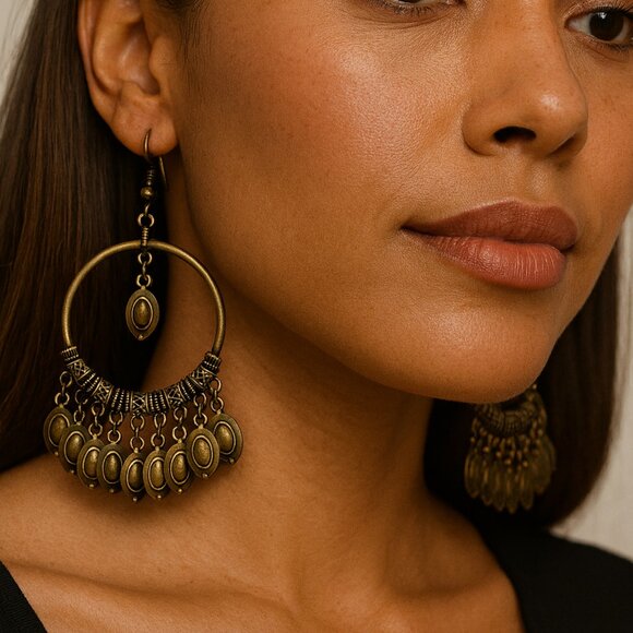 Paparazzi Antique Brass Chandelier Hoop Earrings – Boho Dangle Statement Jewelry - Picture 1 of 2